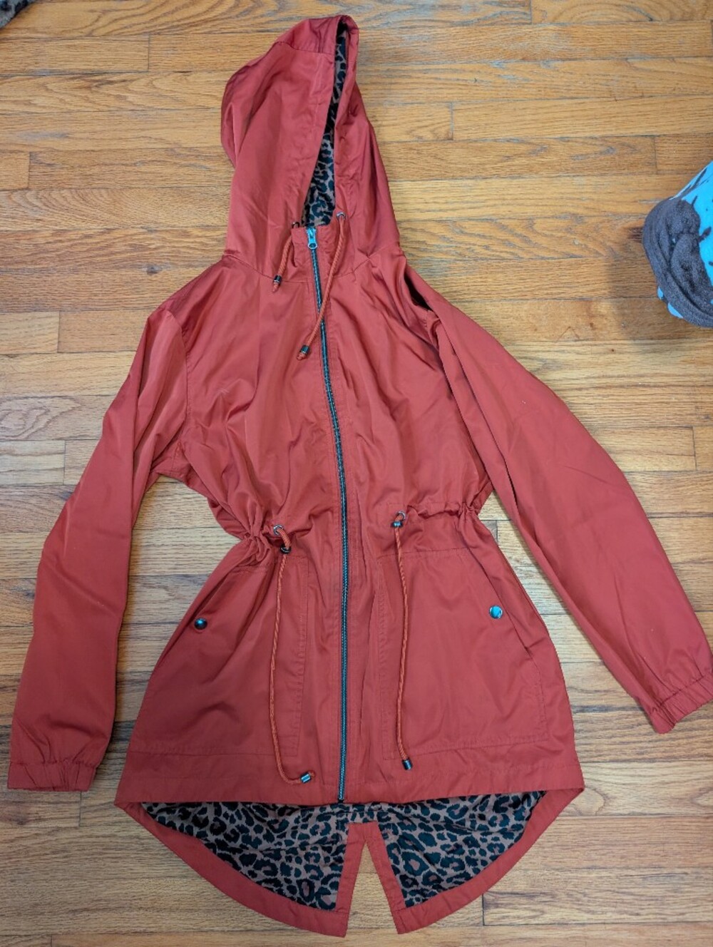 Rust Hooded Rain Jacket with Leopard Lining!!